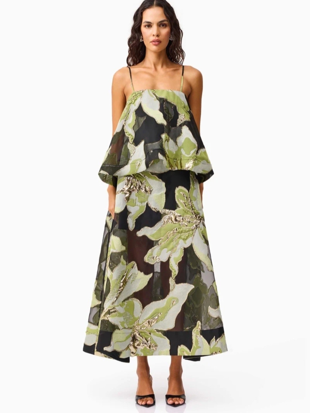Elysia Tiered Gown in Black and Green Floral